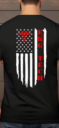 A man viewed from behind wearing a black t-shirt with a distressed American flag graphic on the back. The flag features white stars, white vertical stripes, a red caduceus symbol, and the text 'EKG TECH' in red.